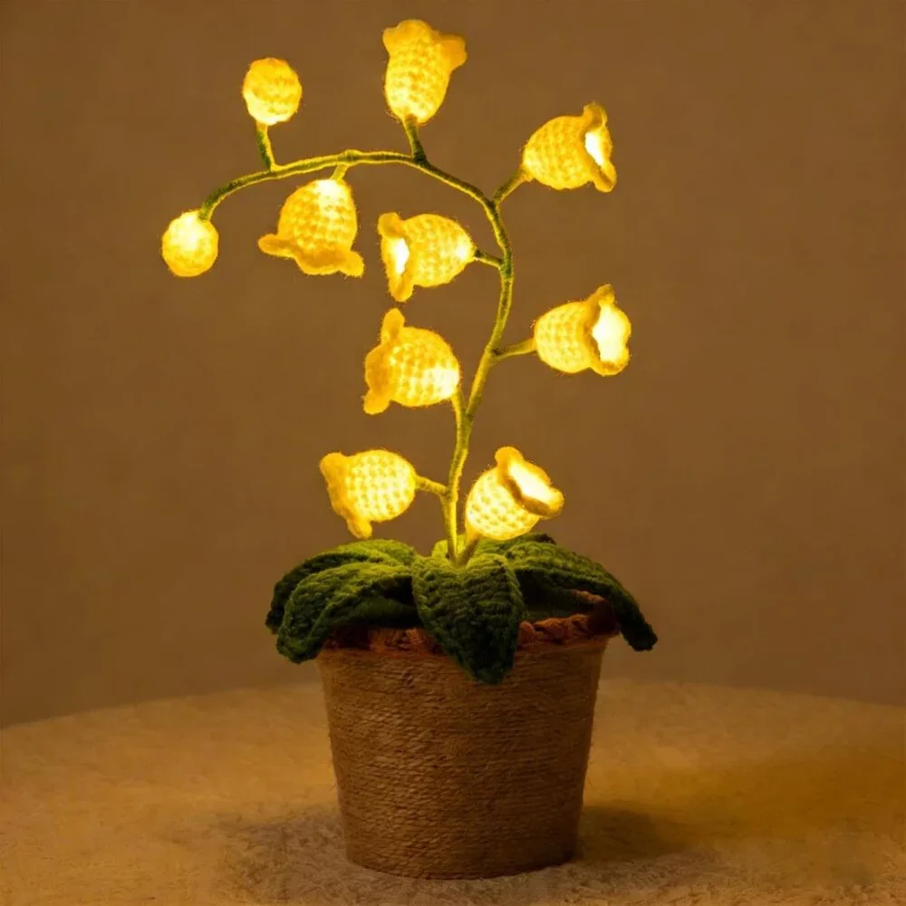 Artificial Cream Cute Lily Valley Flower Handmade Crochet Lamp Led Light Decor